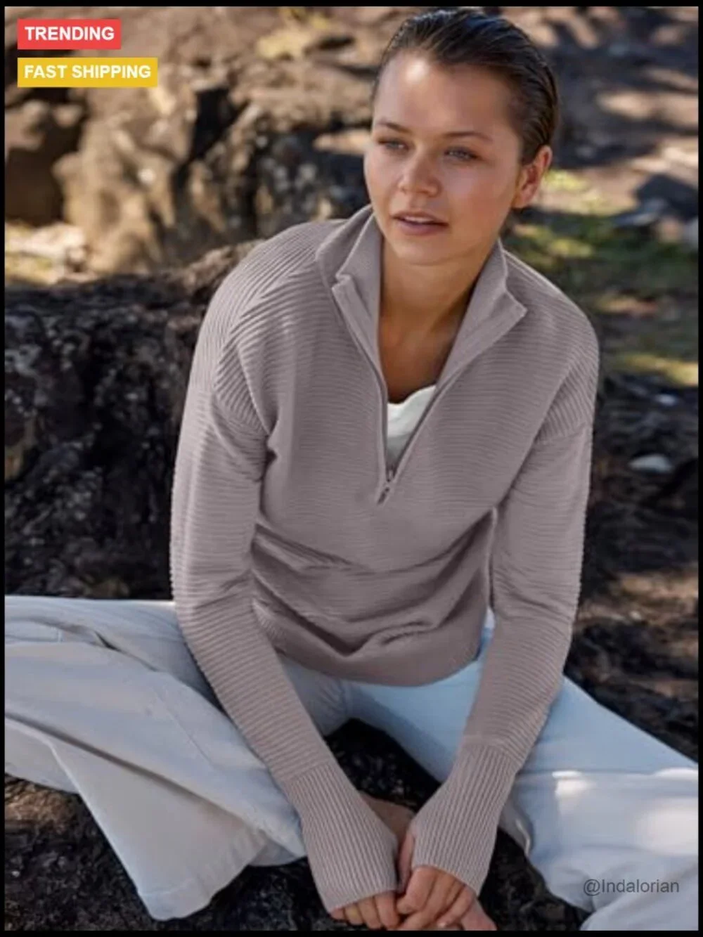 Long Sleeve Quarter Zip Pullover Sweater V Neck Collared Ribbed Knit Jumper